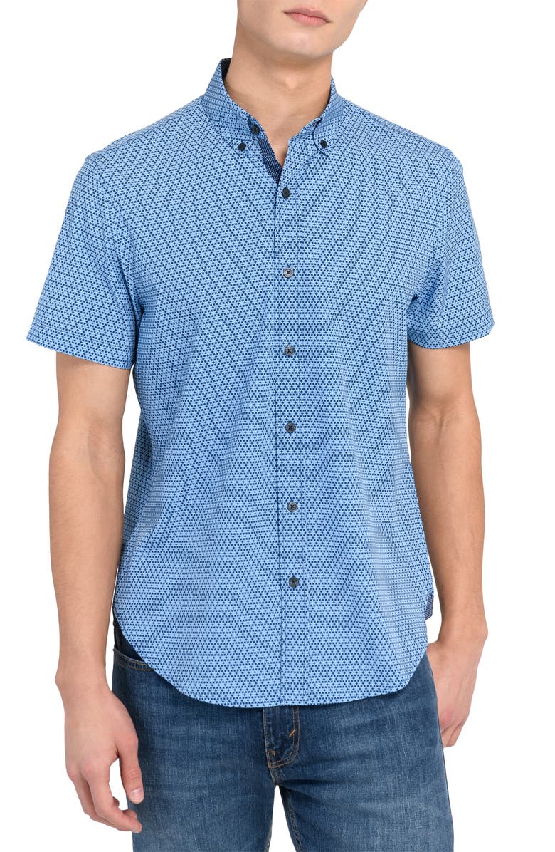 CONSTRUCT Flower Geo Short Sleeve Woven Button Down Shirt, Main, color, Blue