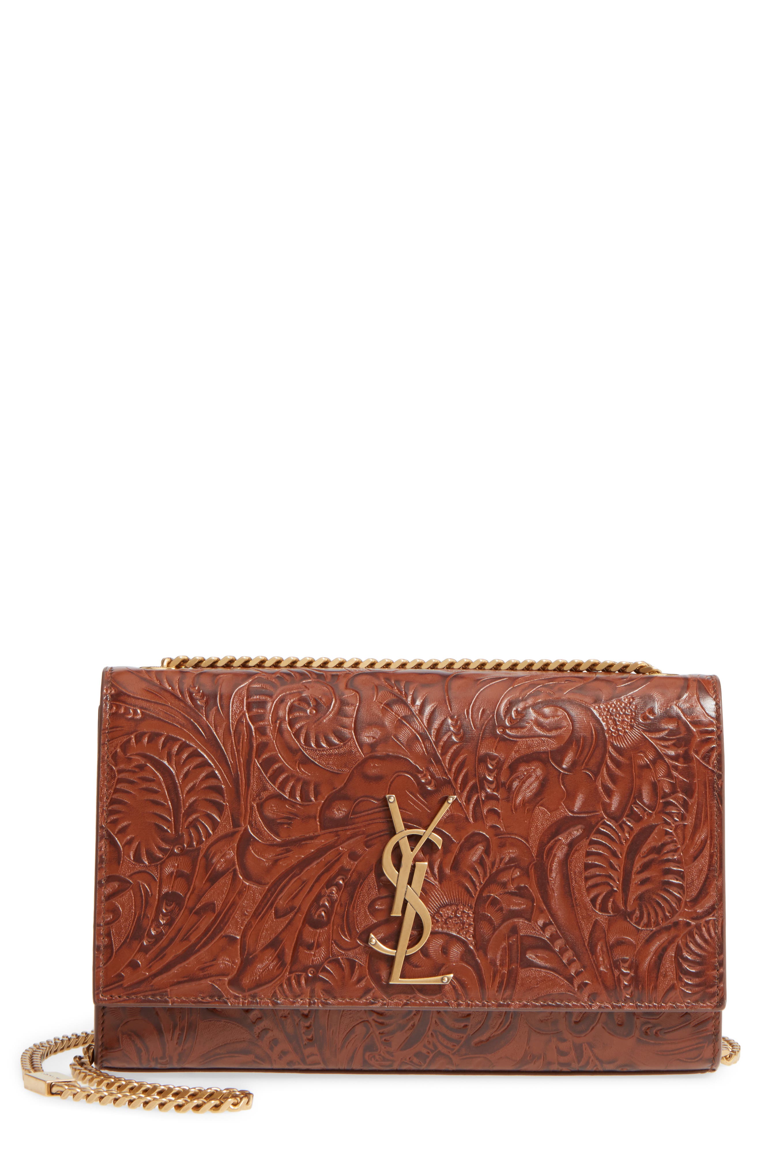 Medium Kate Floral Tooling Embossed Leather Crossbody Bag, Main, color, TOASTED BROWN