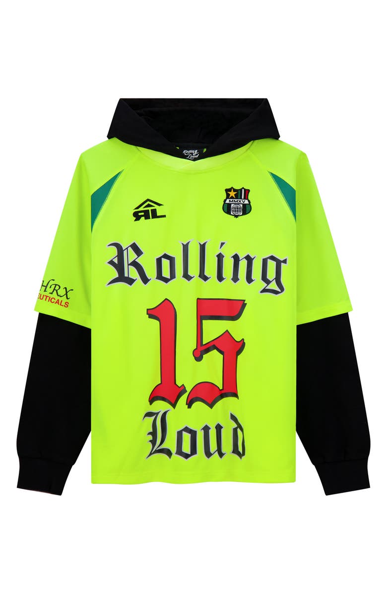 Rolling Loud Victory Jersey Layered Hoodie, Alternate, color, Volt