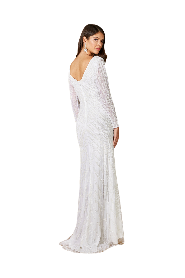 Gretchen V-Neck Long Sleeve Wedding Dress, Alternate, color, Ivory