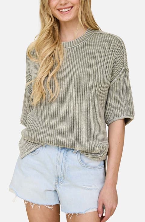 Rib Knit Raw Edge Cotton Blend Sweater