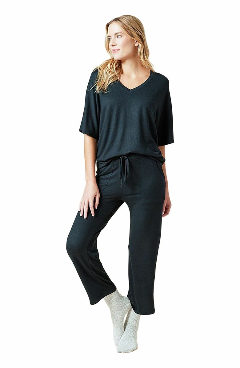 Softies Dream Jersey Relaxed V-Neck with Capri Lounge Set, Main, color, Black