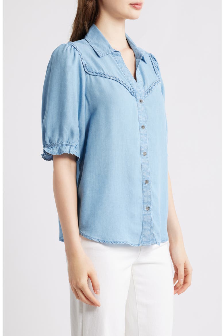 Indira Short Sleeve Denim Button-Up Shirt, Alternate, color, LIGHT WASH