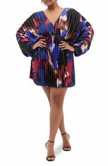 City Chic Chloe Print Pleated Long Sleeve Satin Minidress