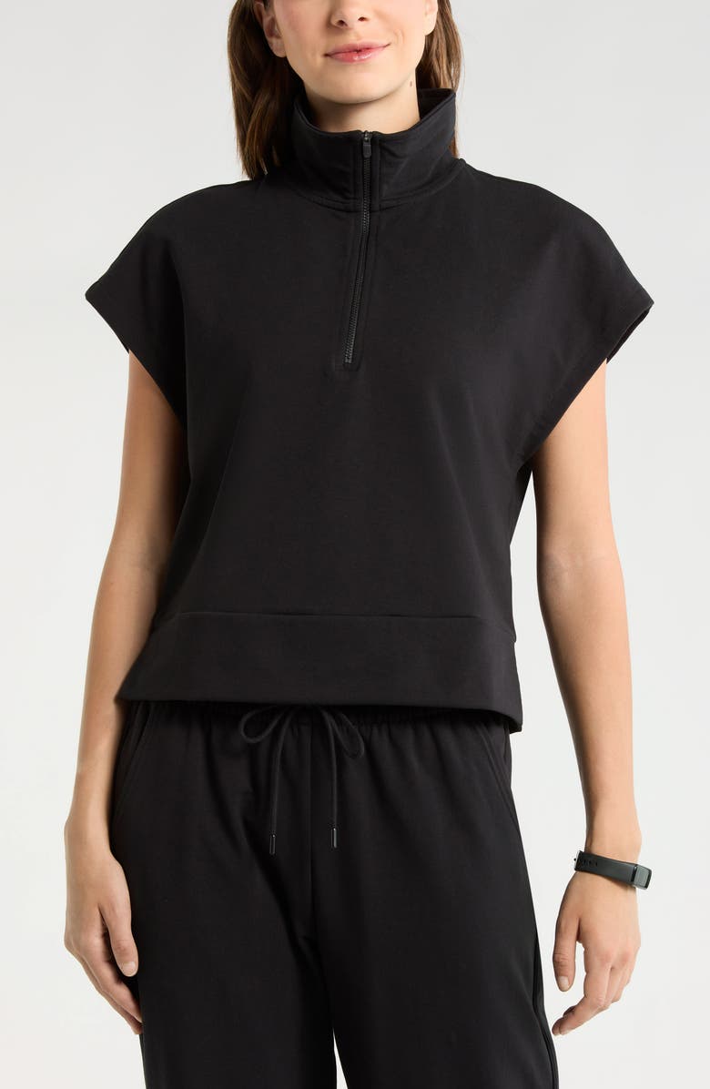 Zella Tempo Terry Half Zip Short Sleeve Sweatshirt, Alternate, color, Black