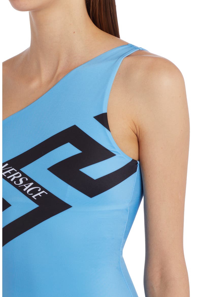 Greca Logo One Shoulder One-Piece Swimsuit, Alternate, color, SKY BLACK