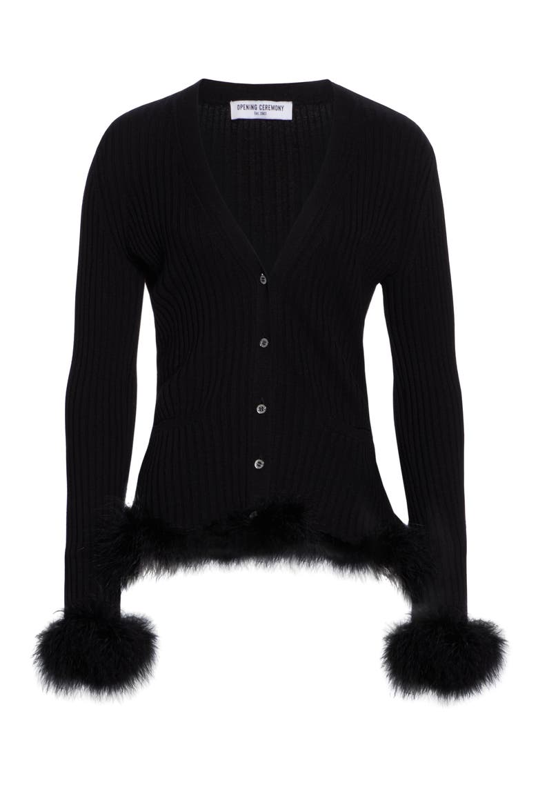 Rib Wool Cardigan with Feather Trim, Alternate, color, BLACK