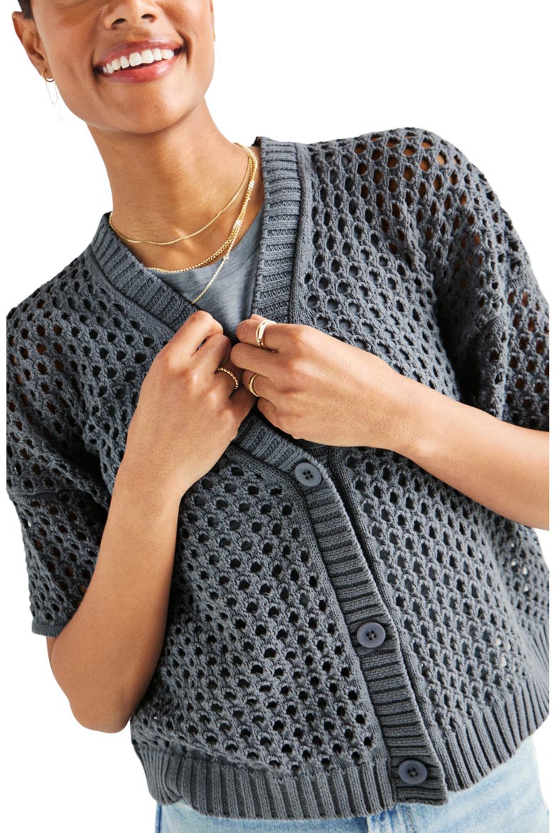 Nova Short Sleeve Cotton Pointelle Cardigan, Alternate, color, STORM