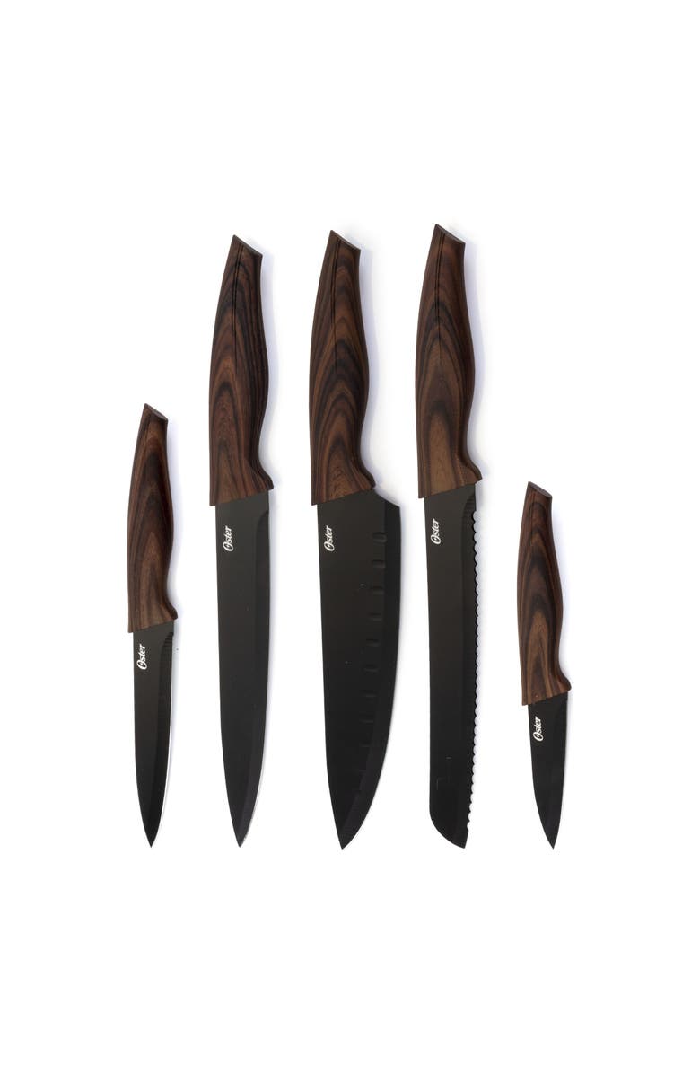 OSTER Godfrey 5 Piece Stainless Steel Black Cutlery Set with Wood Print Handles, Main, color,