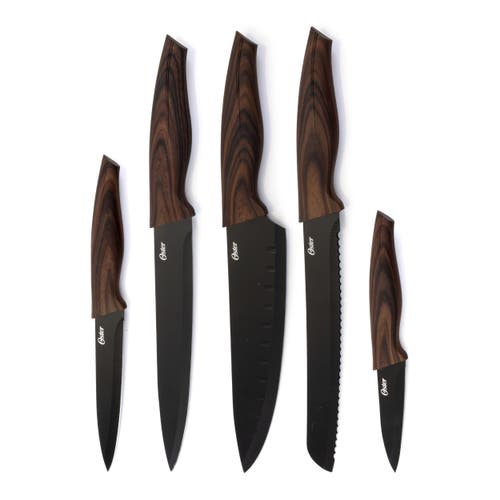 Oster Godfrey 5 Piece Stainless Steel Black Cutlery Set With Wood Print Handles In Brown