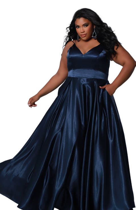 Satin A-Line V-Neck Plus Size Evening Gown