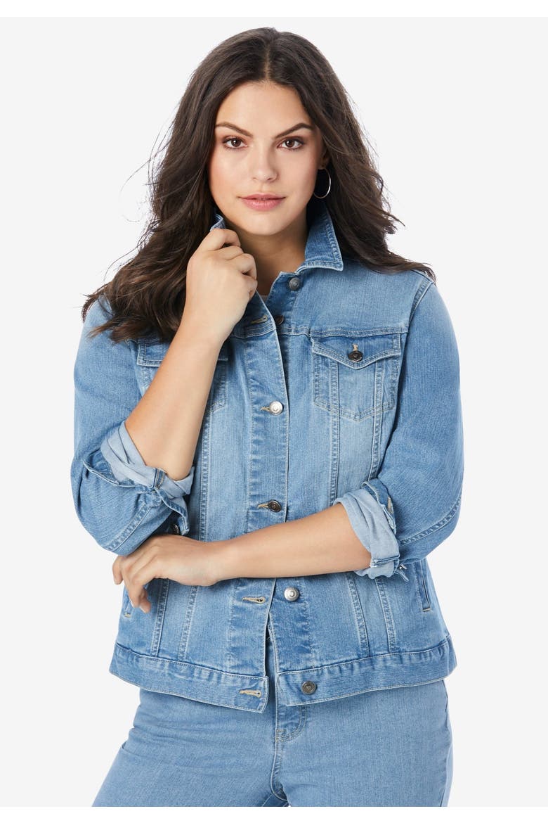 Plus Size Classic Stretch Denim Jacket, Alternate, color, BLACK