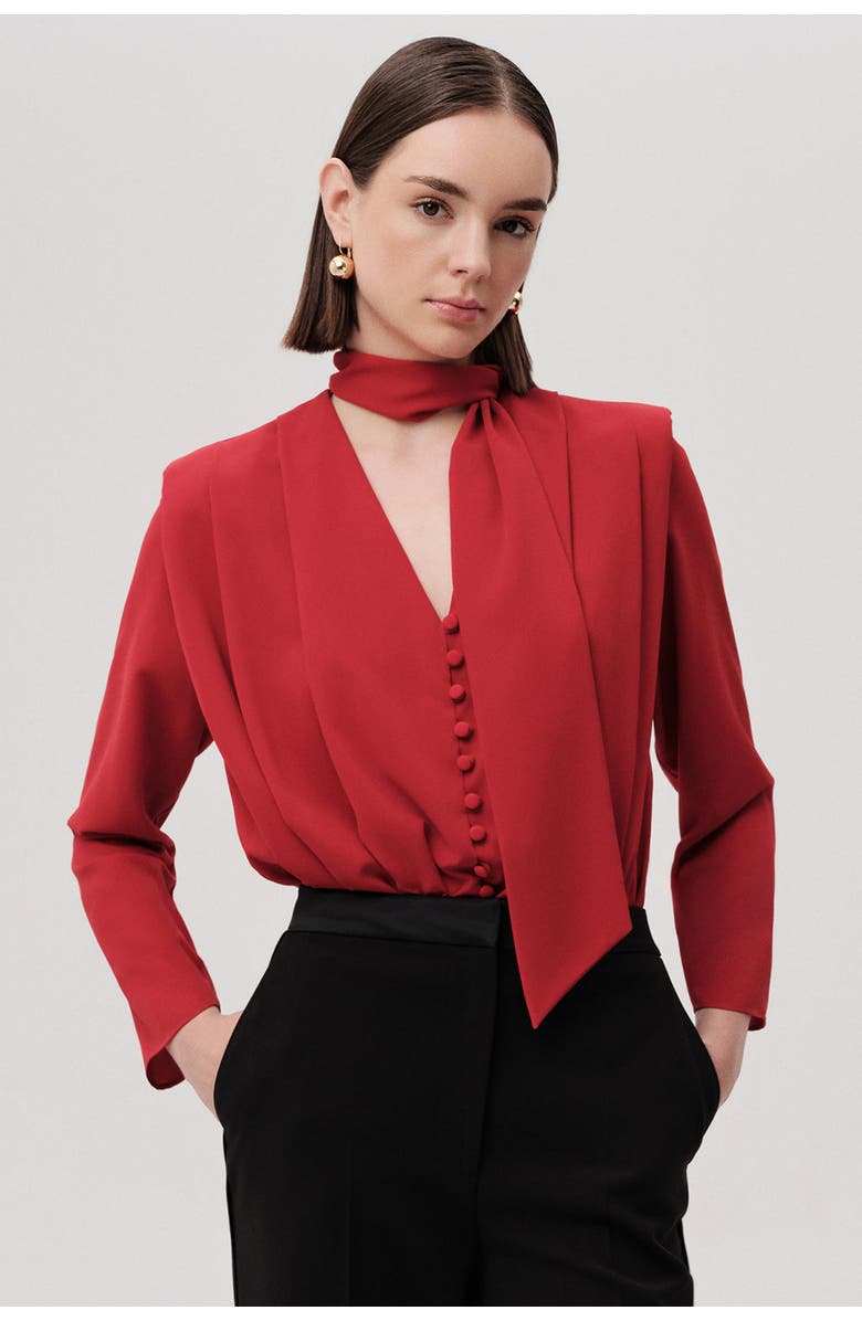 Exquise Draped Long Sleeve Bodysuit, Alternate, color, Red