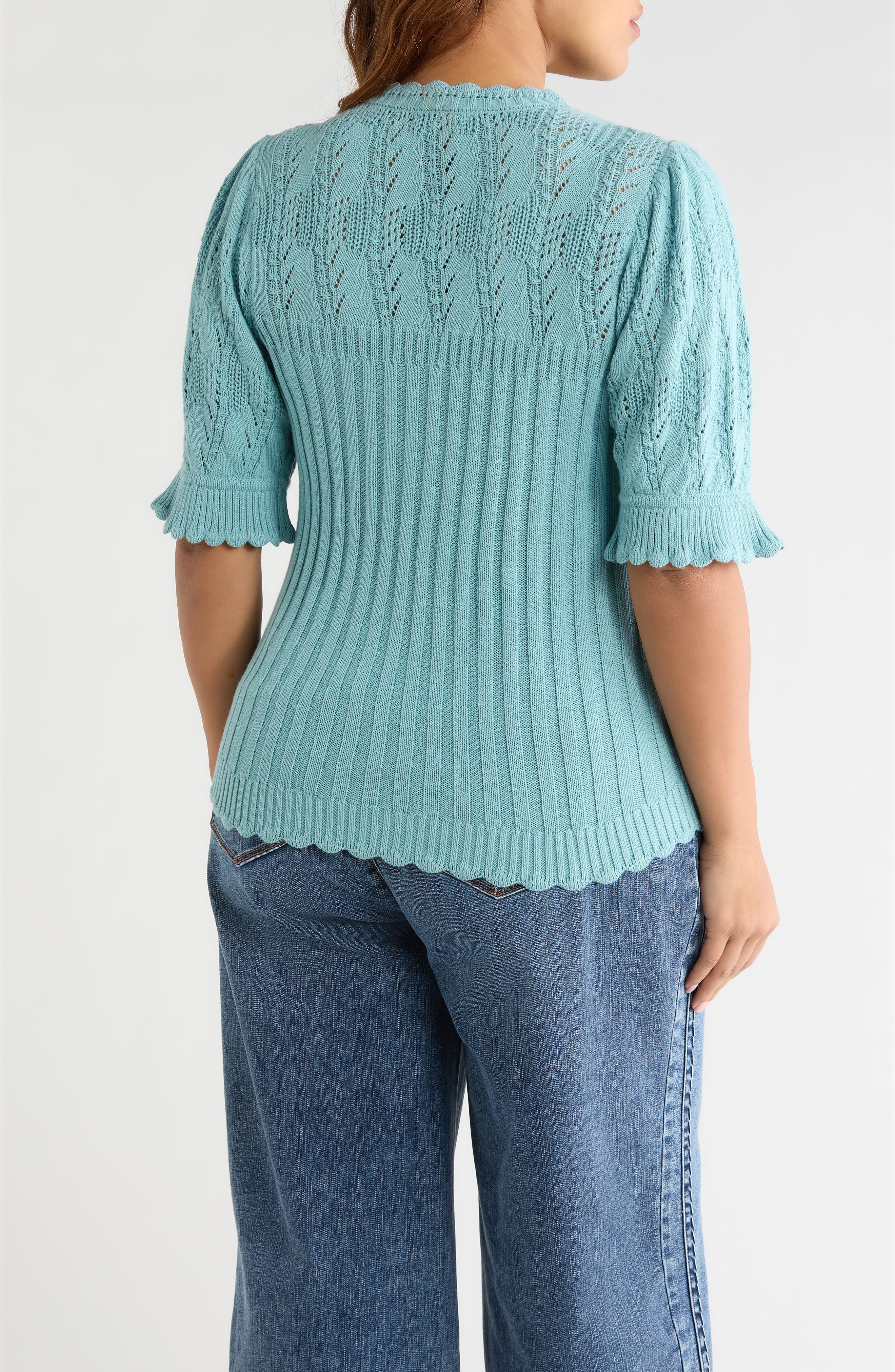 Frill Sleeve Mixed Stitch Cotton Blend Sweater - image 4