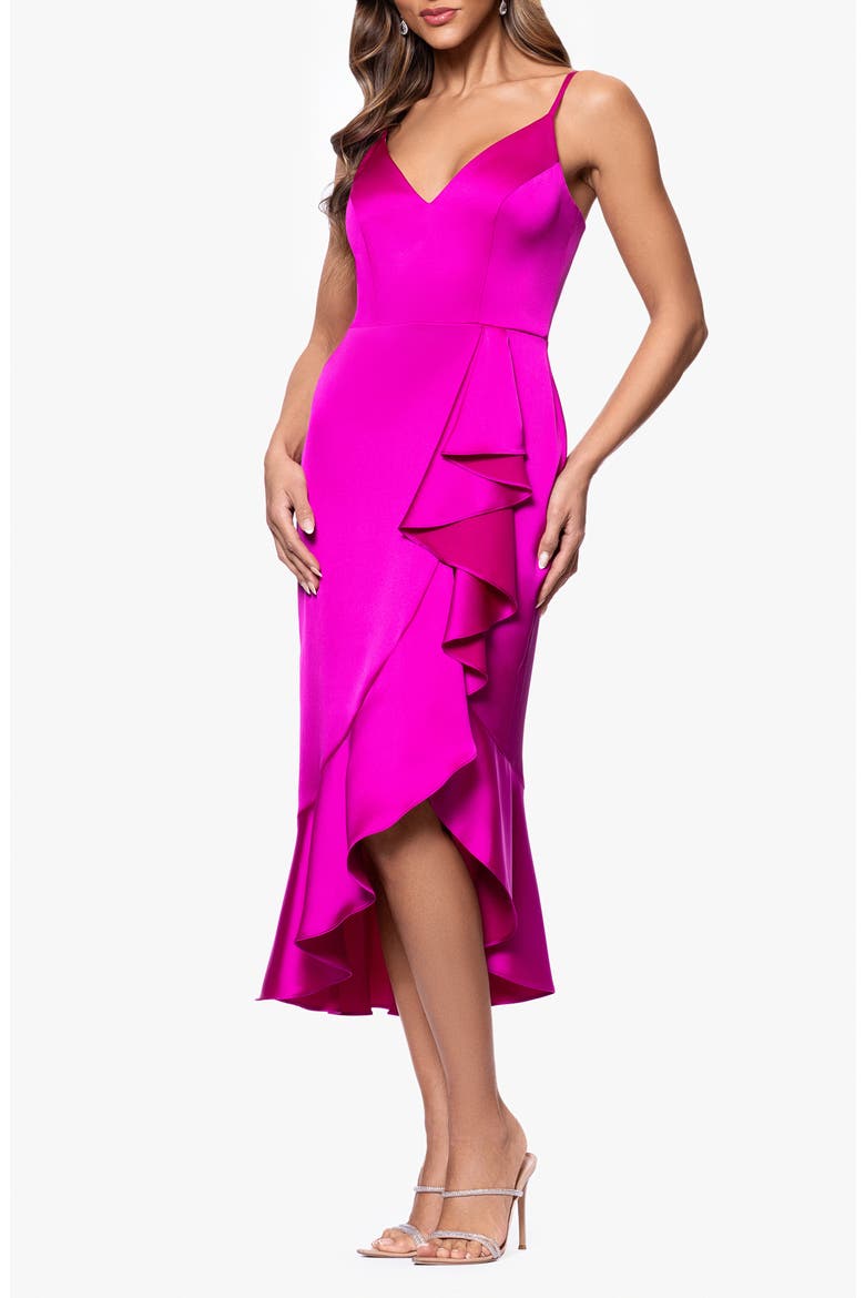 Cascasde Ruffle Detail Satin Cocktail Dress, Alternate, color, MAGENTA