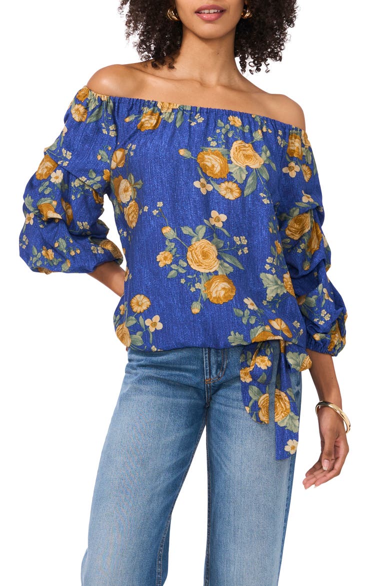 Floral Off the Shoulder Bubble Sleeve Top, Main, color, RIVIERA SAND