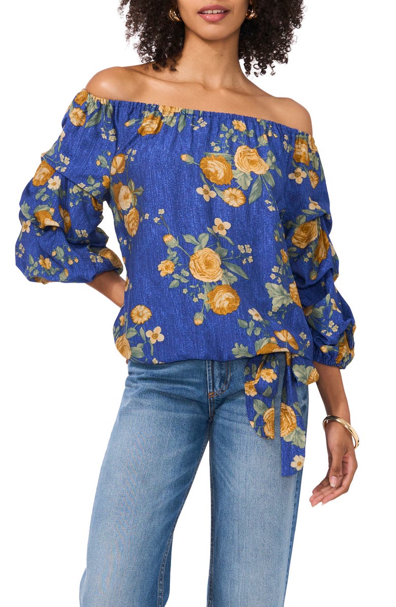 Vince Camuto Floral Off the Shoulder Bubble Sleeve Top, Main, color, Riviera Sand
