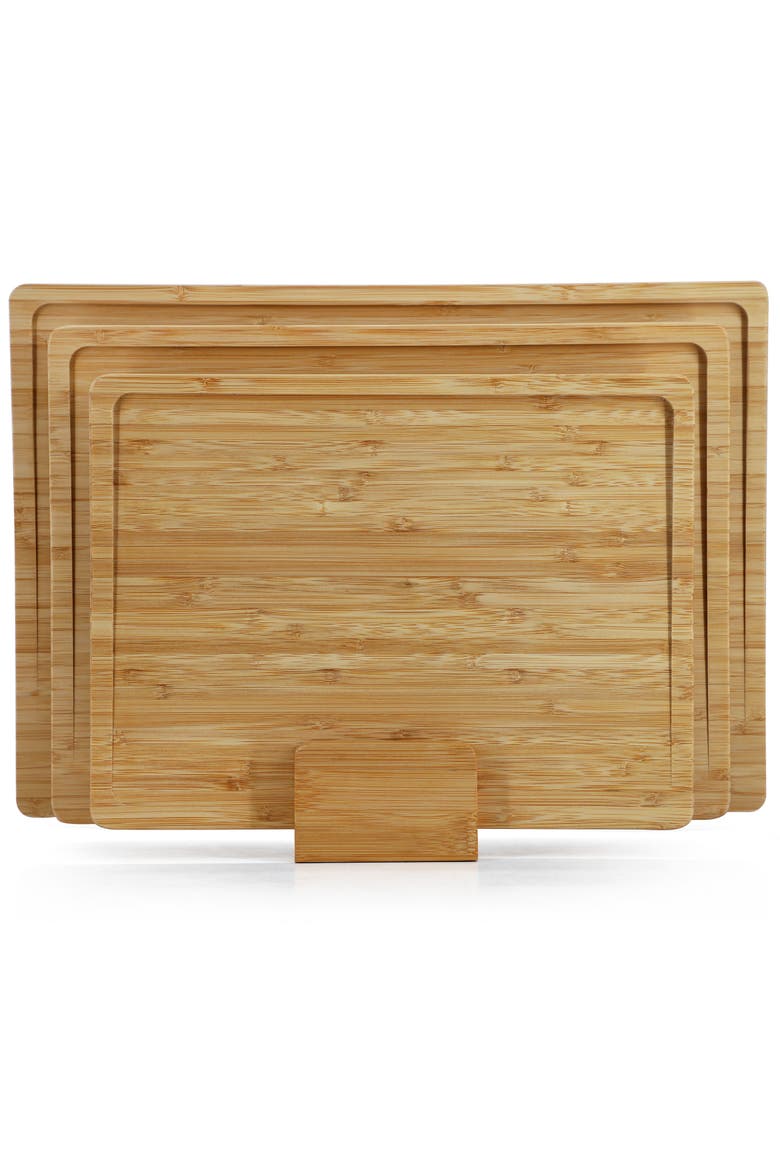 3 Piece Natural Wood Cutting Board Set with Base, Alternate, color, Bamboo