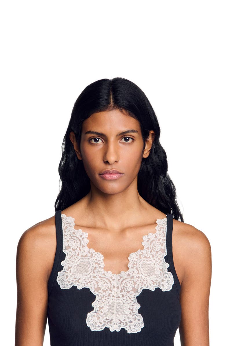SANDRO Ribbed vest top with lace, Alternate, color, Black