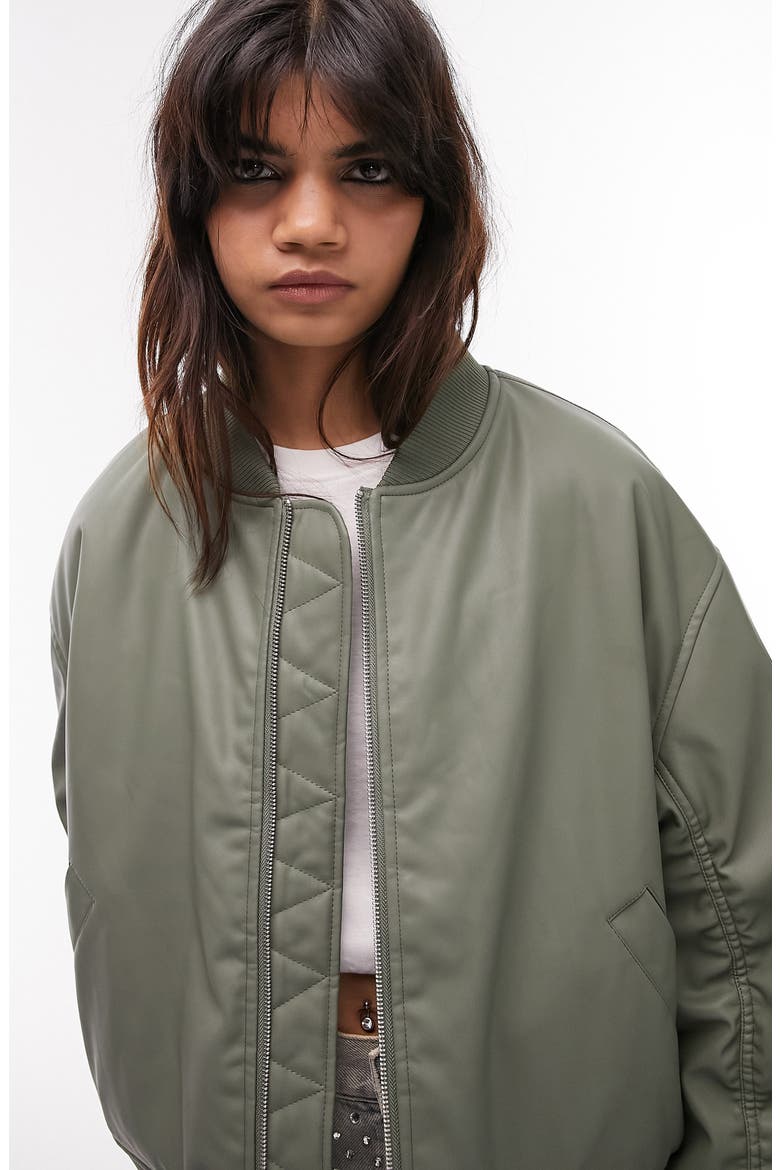 Faux Leather Crop Bomber Jacket, Alternate, color, MEDIUM GREEN