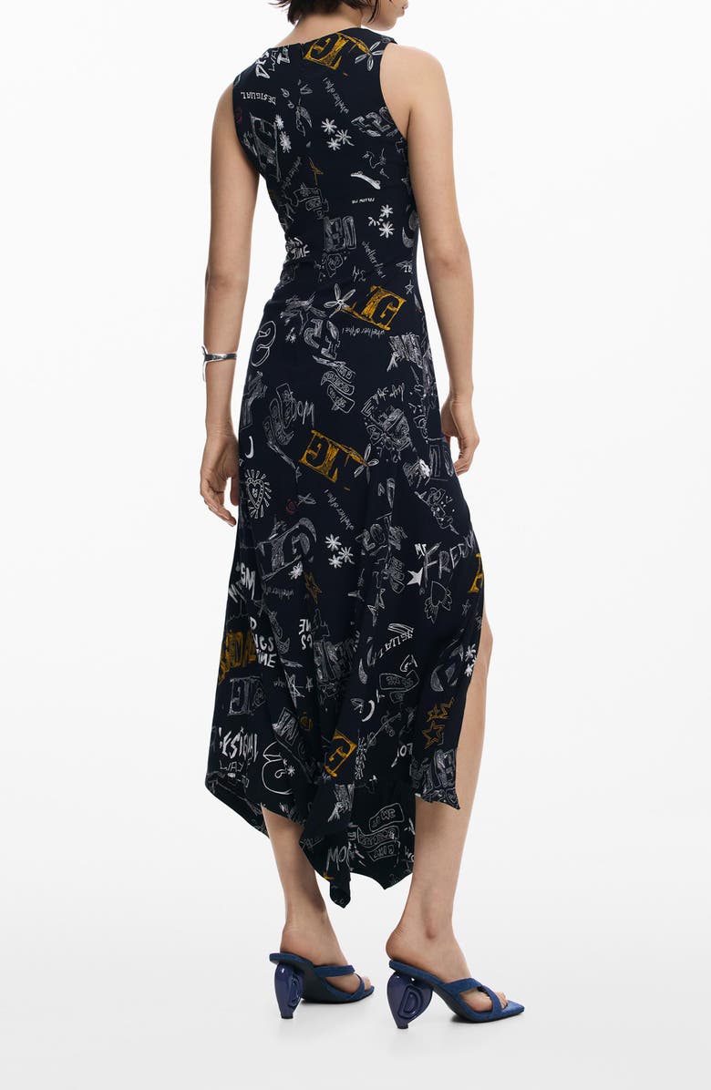 Desigual Slogan Print Asymmetric Hem Dress, Alternate, color, Black