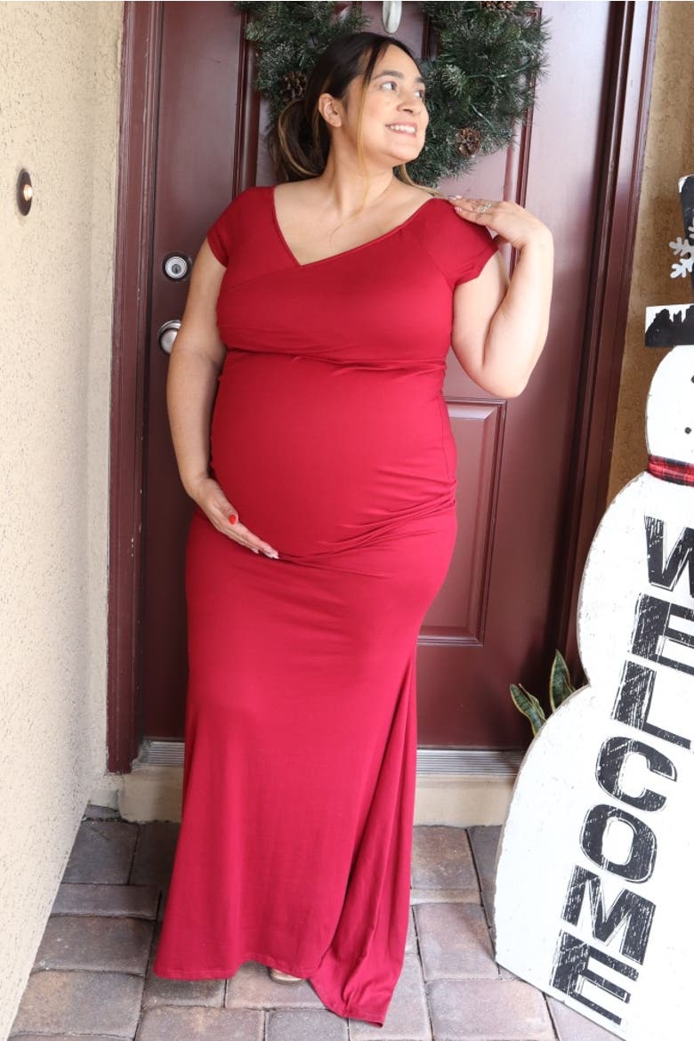 Off Shoulder Wrap Maternity Photoshoot Gown/Dress, Alternate, color, Burgundy