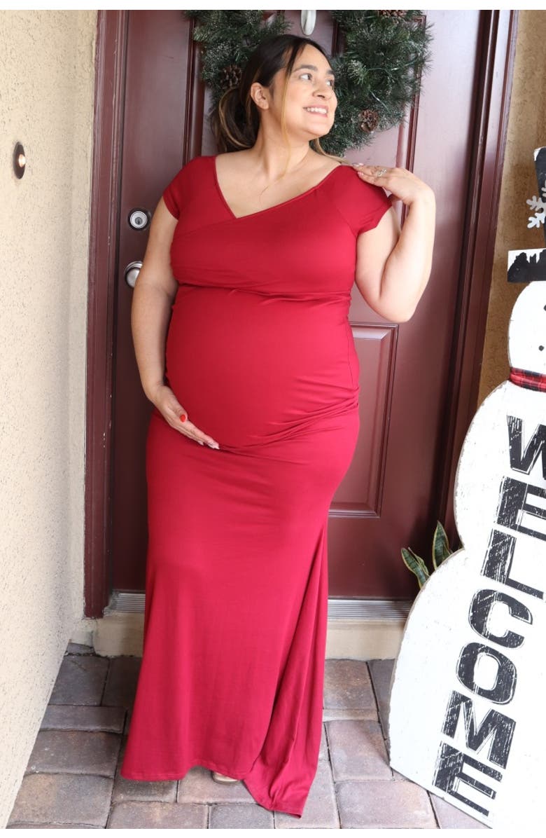 PinkBlush Off Shoulder Wrap Maternity Photoshoot Gown/Dress, Alternate, color, Burgundy