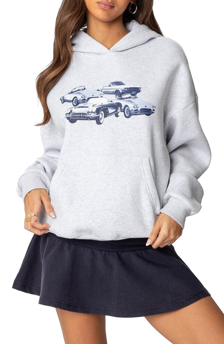 EDIKTED Retro Rides Graphic Hoodie, Main, color, Gray-Melange