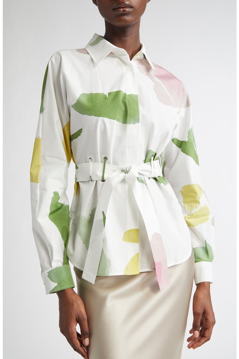 Quiete Abstract Print Cotton Belted Shirt, Alternate, color, WHITE