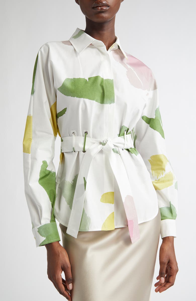 Max Mara Quiete Abstract Print Cotton Belted Shirt, Alternate, color, White
