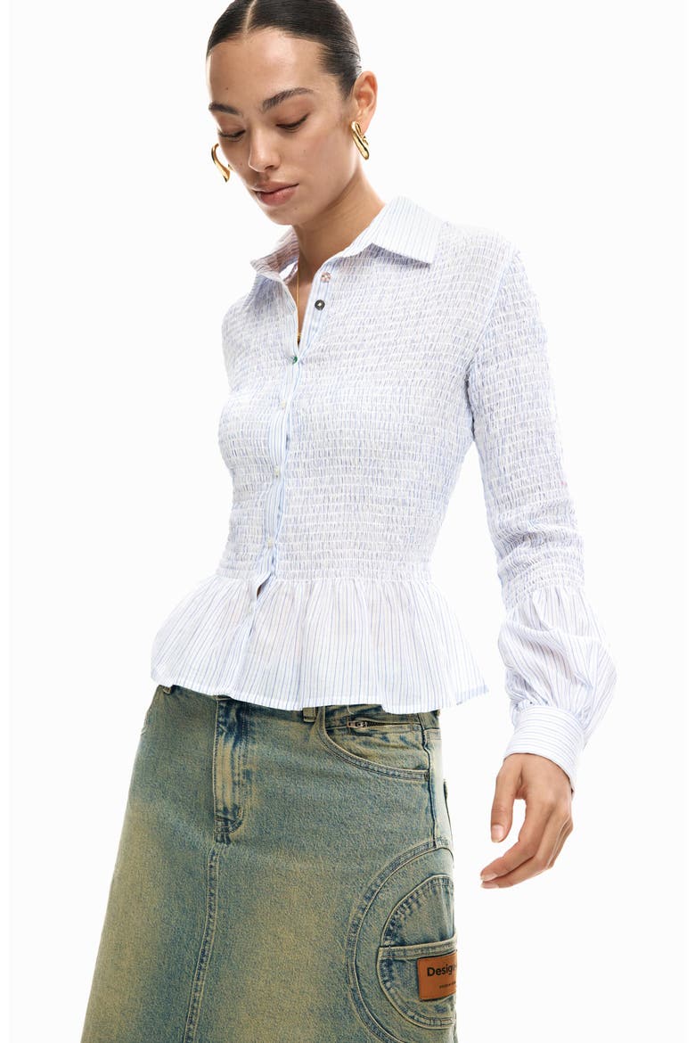 Stripe Smocked Peplum Cotton Blend Button-Up Shirt, Alternate, color, MEDIUM BEIGE