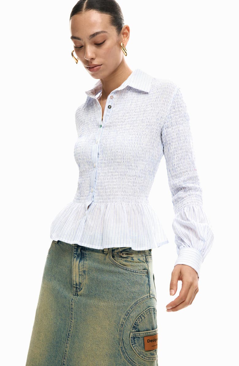 Desigual Stripe Smocked Peplum Cotton Blend Button-Up Shirt, Alternate, color, Medium Beige