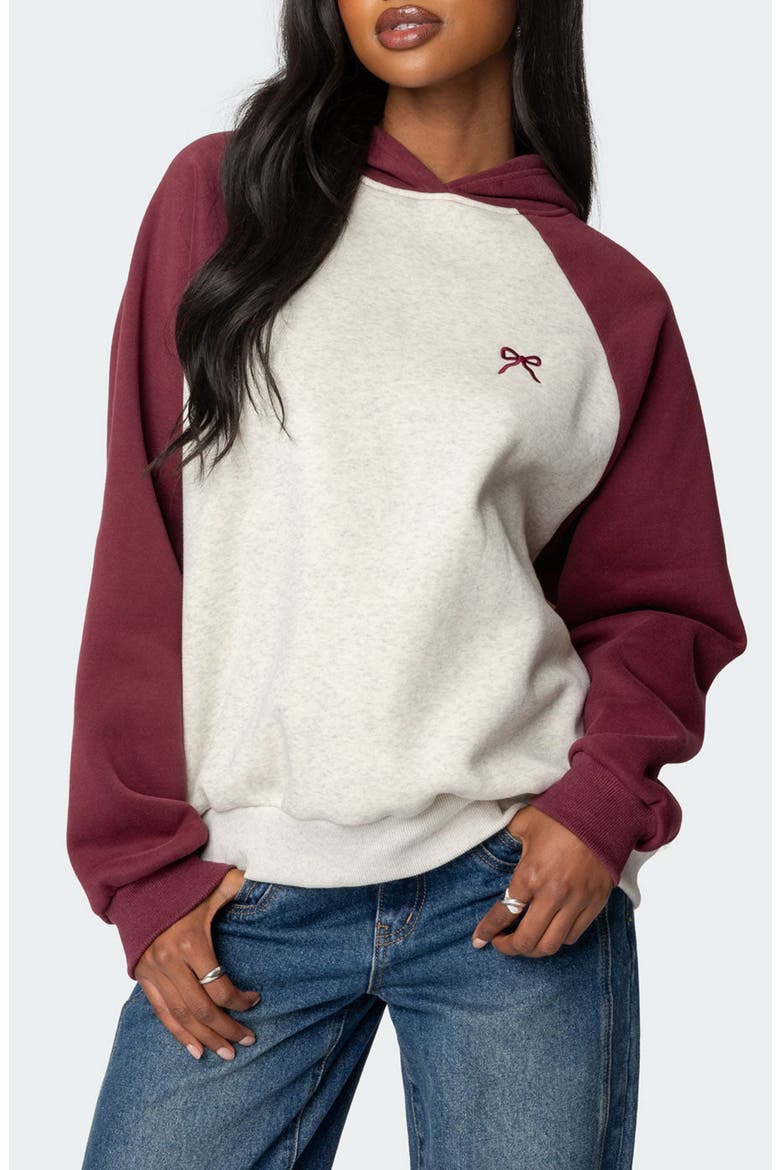 Bow Embroidery Oversize Colorblock Hoodie, Main, color, BURGUNDY-AND-GRAY-ME