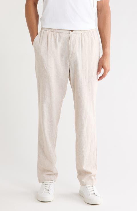 Elastic Waist Linen Blend Trim Fit Pants
