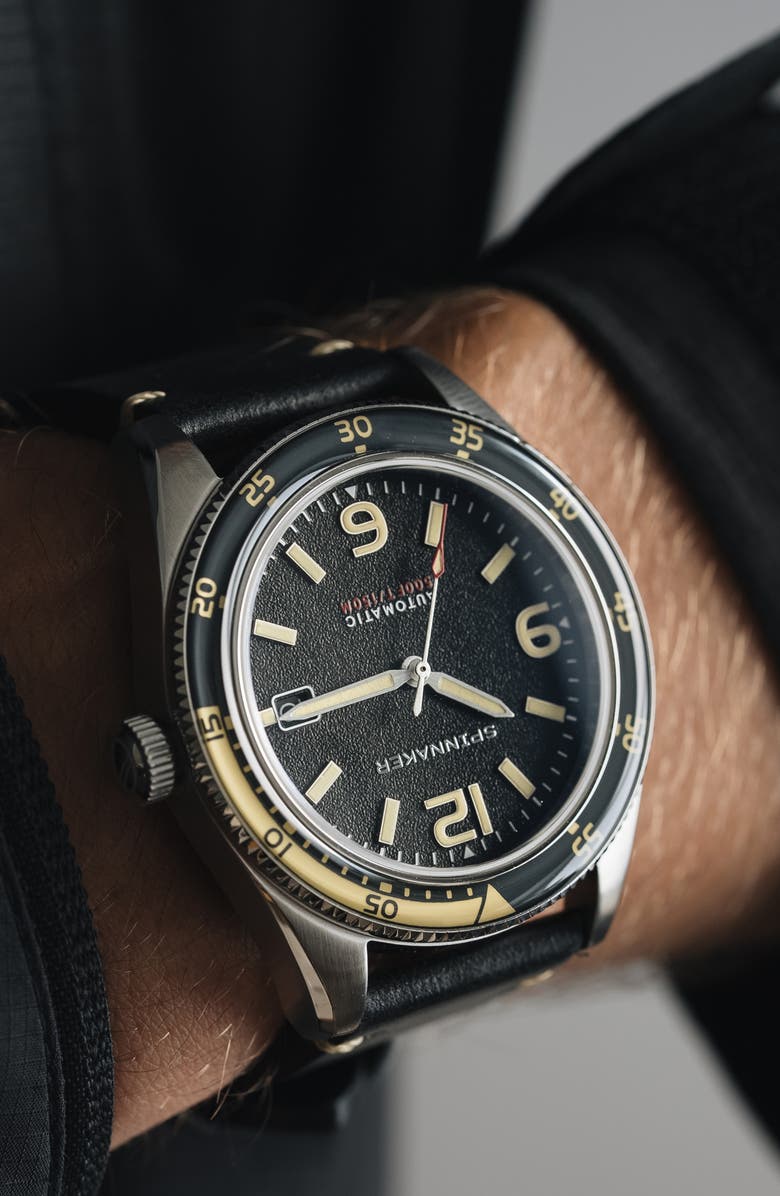 SPINNAKER Fleuss Automatic Leather Strap Watch, 43mm, Alternate, color, Grey