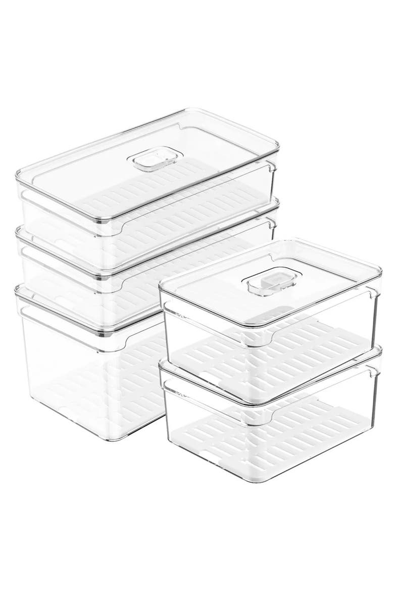 Clear Stackable Fridge Organizer Bin with Drain Tray and Vented Lid, 5 Pack, Main, color, Clear with White Drainer