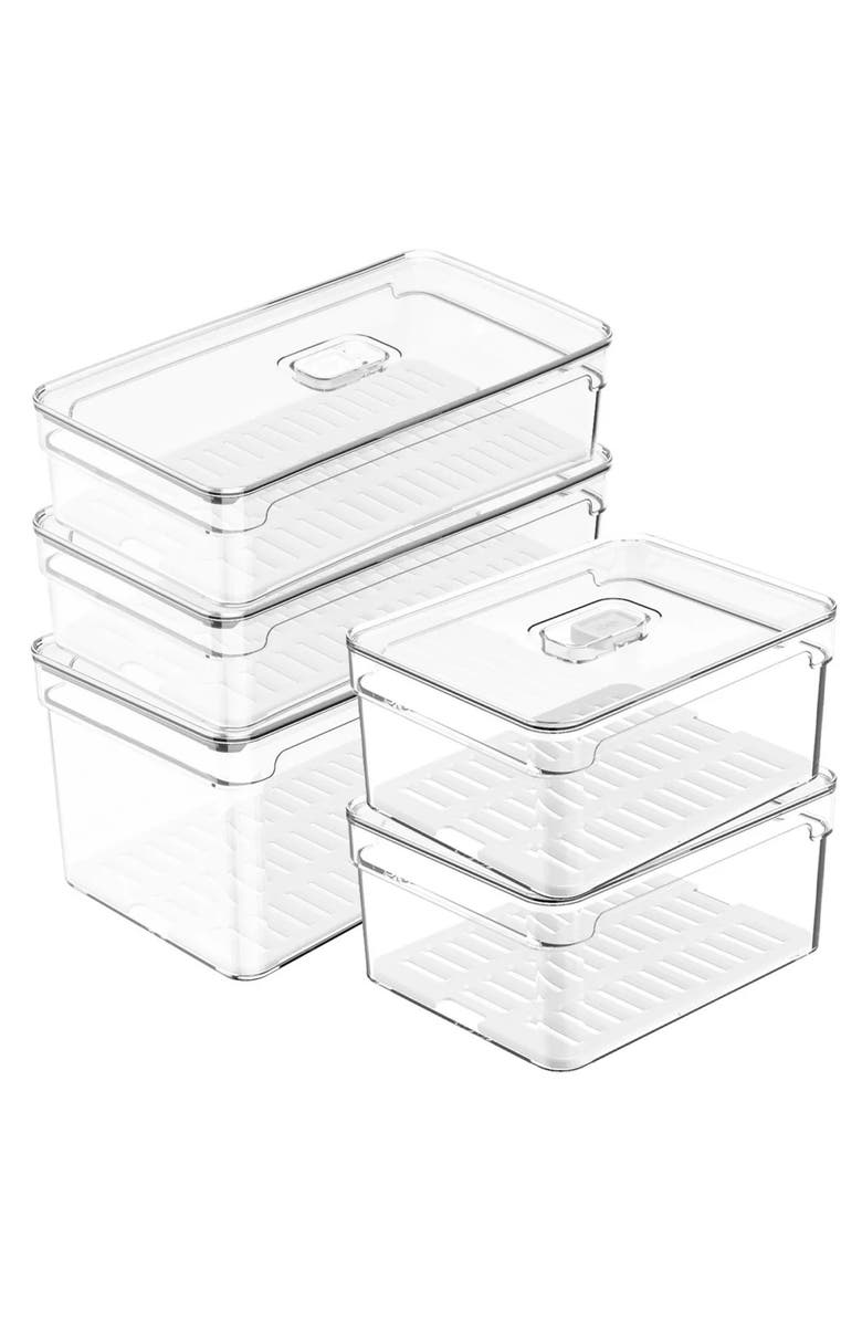 OU Clear Stackable Fridge Organizer Bin with Drain Tray and Vented Lid, 5 Pack, Main, color, Clear With White Drainer