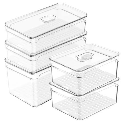 Clear Stackable Fridge Organizer Bin with Drain Tray and Vented Lid, 5 Pack