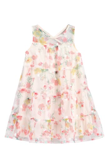 Ava & Yelly Kids' Printed Mesh Trapeze Party Dress In Off White/pink Multi