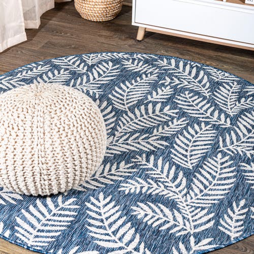 Jonathan Y Nevis Palm Frond Indoor/outdoor Round Area Rug In Navy/ivory