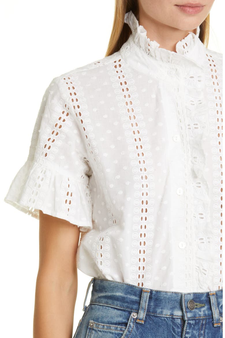 Vanessa Ruffle Detail Cotton Blouse, Alternate, color, PEARL POLKA DOT EYELET