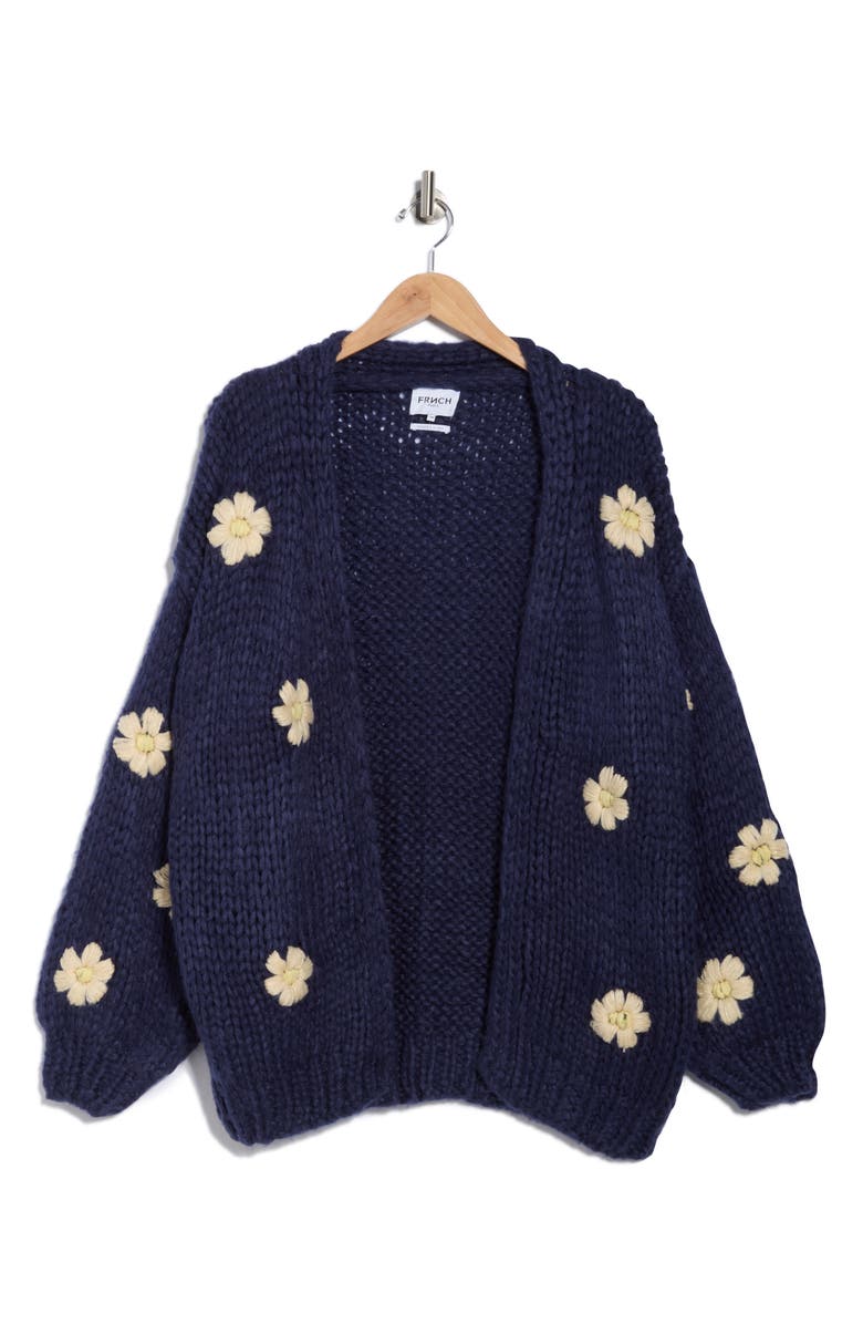 FRNCH Taya Floral Embroidered Hand Knit Cardigan, Alternate, color, Bleu Marine