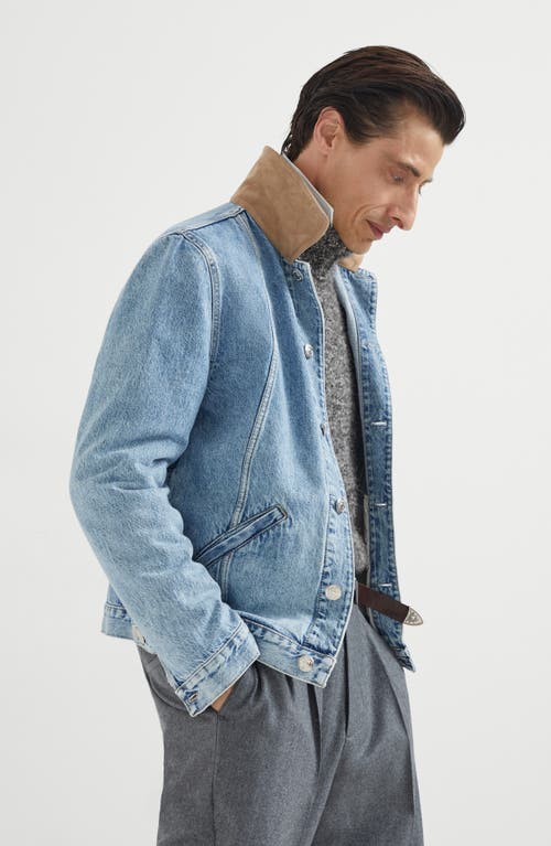 Brunello Cucinelli Slim-fit Suede-trimmed Denim Jacket In Blue