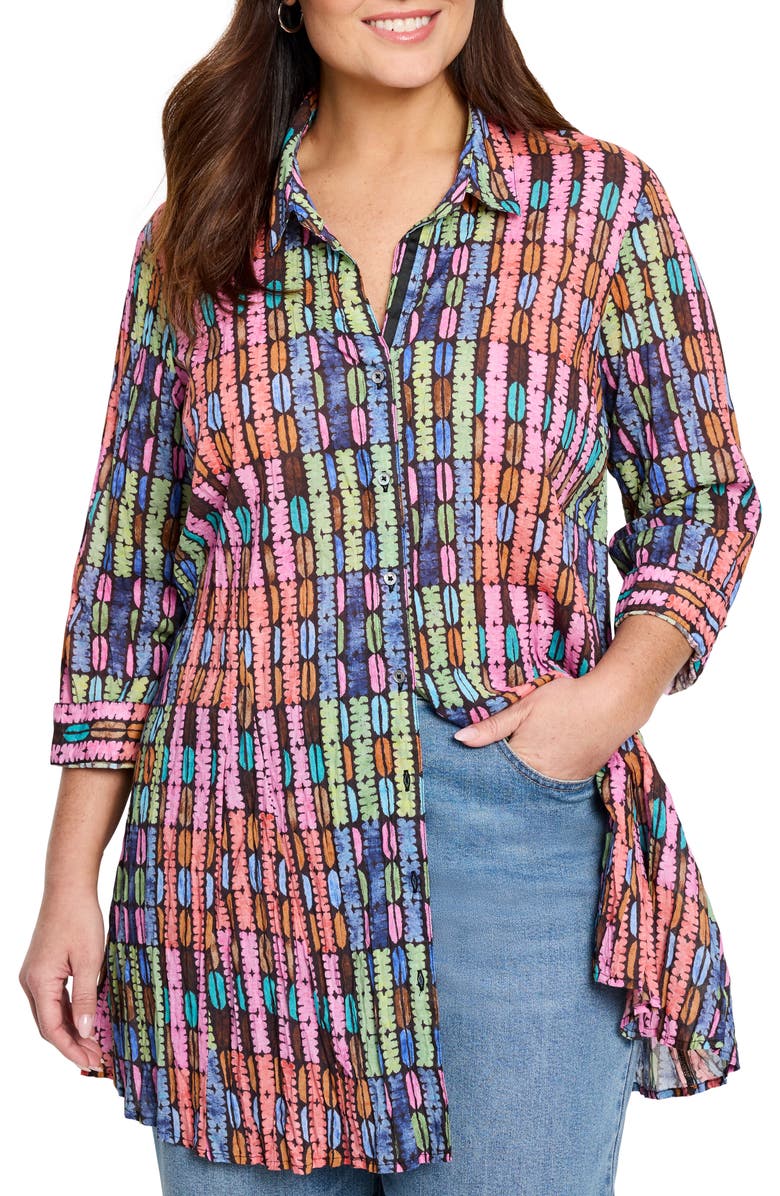 Rainbow Macaron Crinkled Cotton Button-Up Shirt