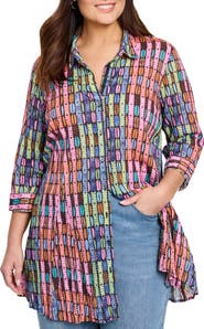 NIC+ZOE Rainbow Macaron Crinkled Cotton Button-Up Shirt