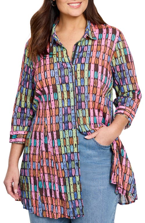 Nic + Zoe Nic+zoe Rainbow Macaroon Crinkled Cotton Button-up Shirt In Pink Multi