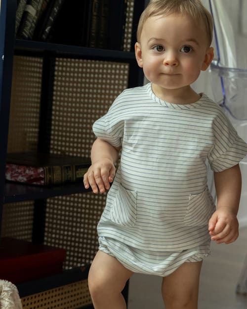 Minimoi 2 Piece Set Baby "tiny Stripe" Stretch Cotton Top And Bloomers In White