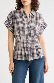 MAX STUDIO Plaid Pintucked Short Sleeve Shirt