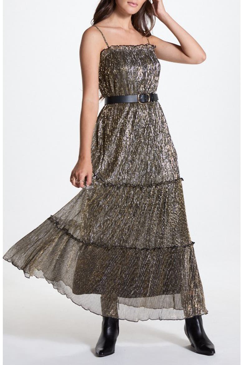 Metallic Tiered Maxi Dress, Main, color, BLACK