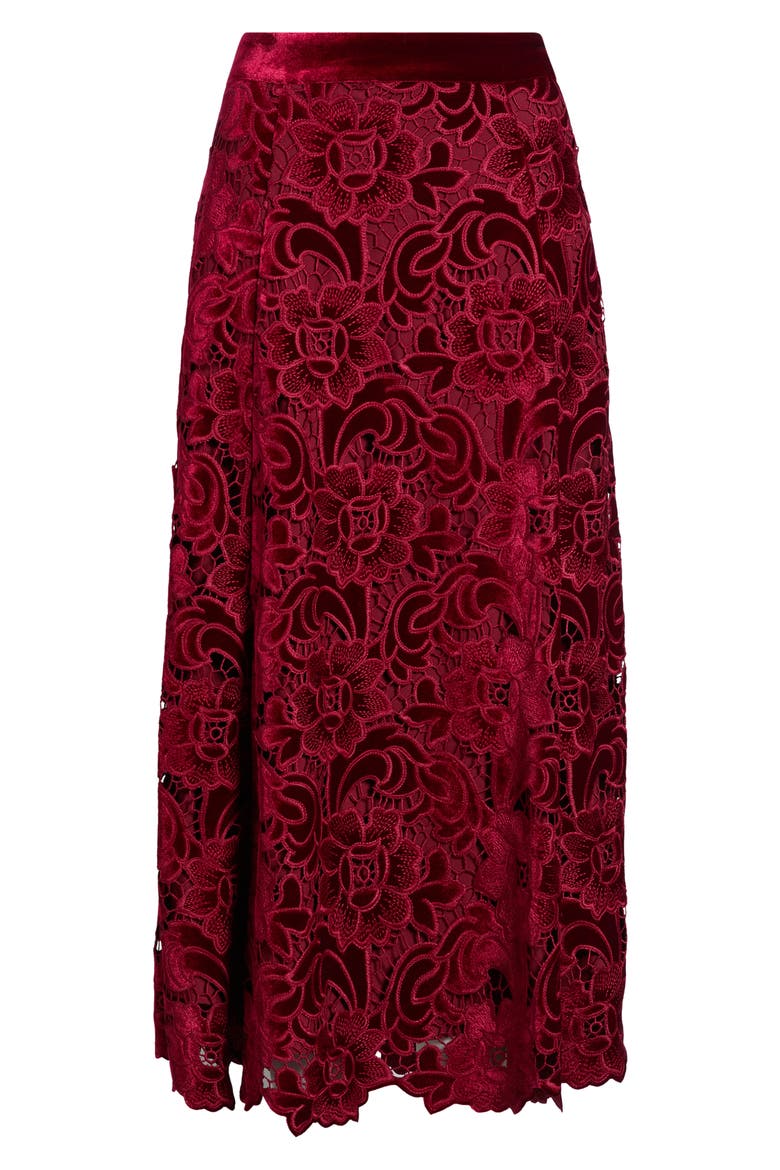 The Elliana Floral Lace Velvet Skirt, Main, color, DARK RED LOVE
